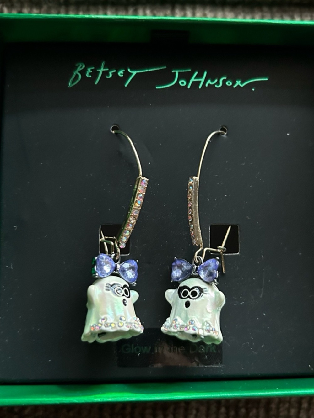 Betsey Johnson Iridescent White Ghost Earrings with Purple Bows - Picture 2 of 4